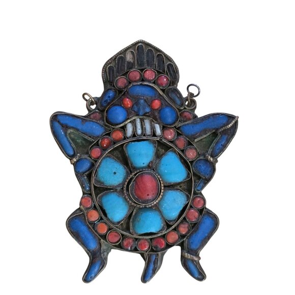 Old Tibetan Brass Pendant Turquoise Coral Inlay Buddhist Figures 3.25" x 2.5" - Picture 1 of 3